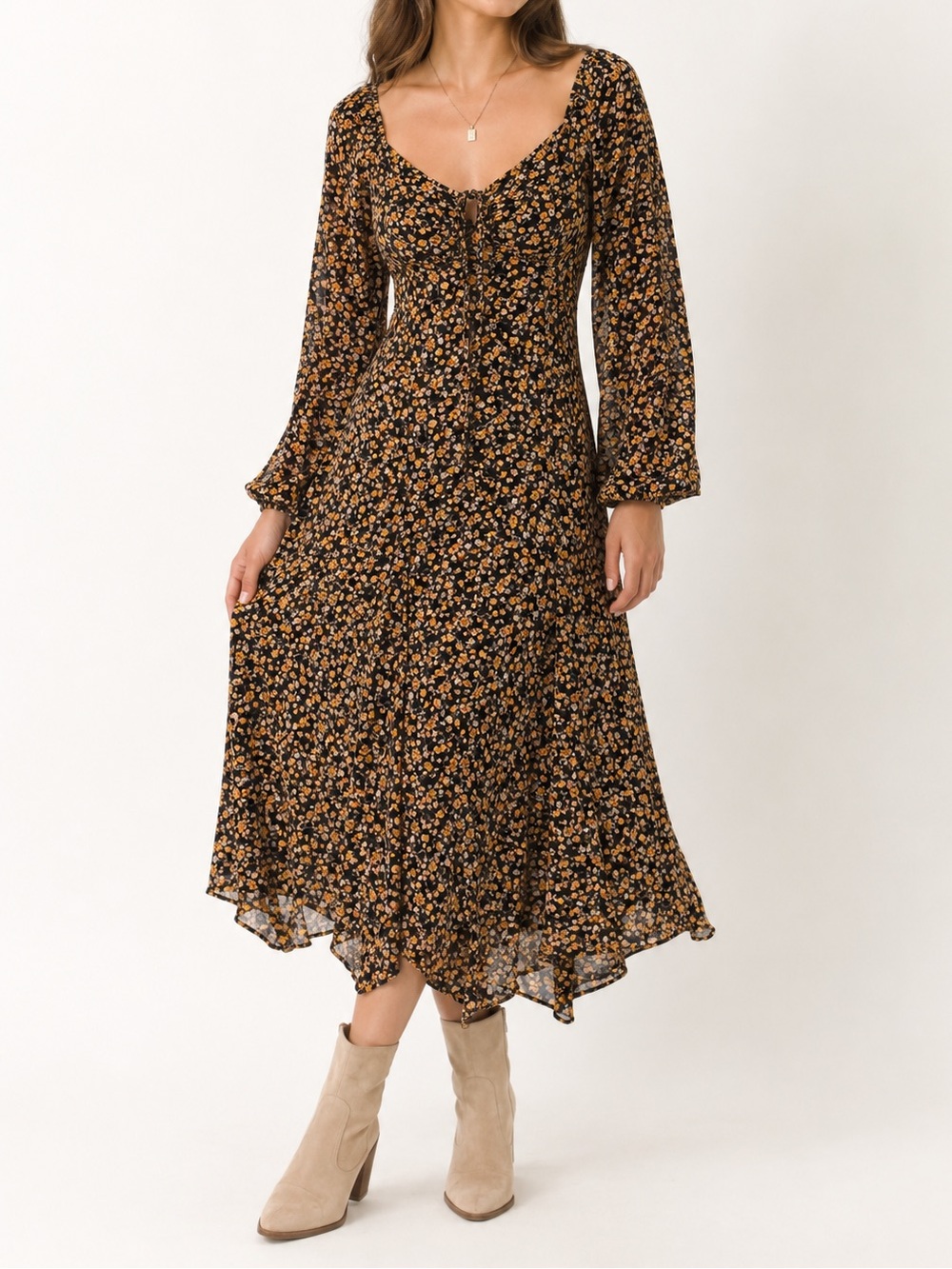 Dress Forum Black Floral Midi Dress Size M Long Sleeve Romantic Boho
